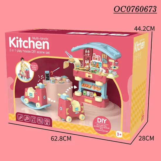 Wholesale 3in1 Rocking Horse Spray Plastic Children House Kitchen Cooking Food Toy Gift Set