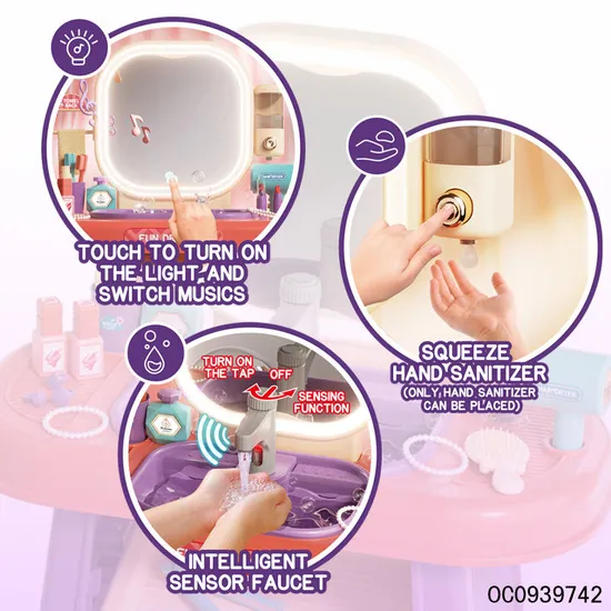 Wholesale Pretend Play Kids Makeup Toy Girls Beauty Makeup Fashion Dressing Table with LED Lights Mirror