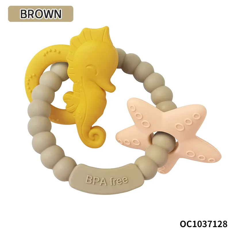Wholesale Montessori Lovely Rubber Sensory Teether Silicone Baby Teethers Rings Rattle Toys