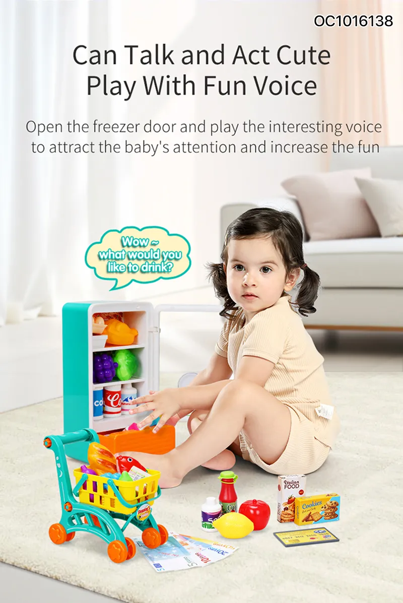 Simulation Food Plastic Toy Electric Mini Refrigerator Pretend City Play Houses with Supermarket Shopping Cart for Kids Children