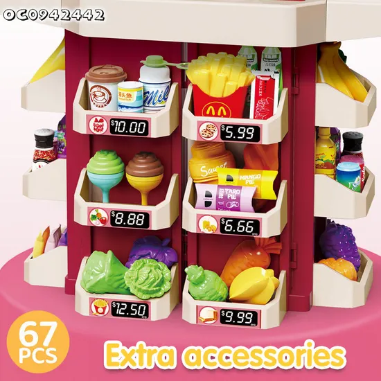 Home Supermarket Pretend Play Checkout Mini Food Set Toy Miniature Plastic Toy with Live Scanner Cash Register Card Reader for Kids