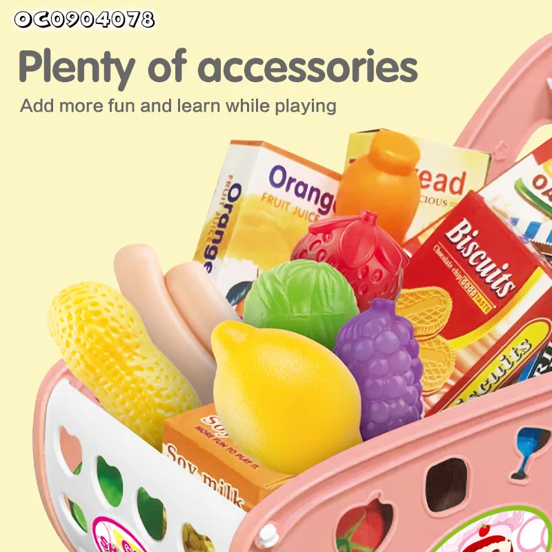 Interactive Plastic Toy Supermarket Trolley Kids Pretend and Play Preschool Toy Shopping Cart Toy with Simulation Plastic Fruit