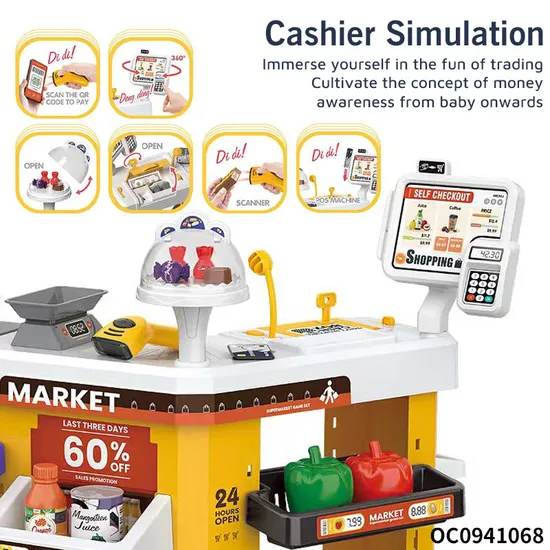 Portable Shopping Cart Home Supermarket Toy with Cash Register Cashier Machine Toy