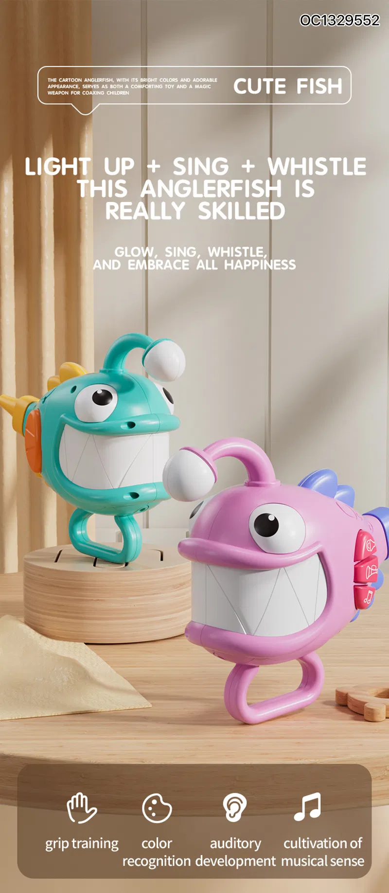 Baby Rattles Toy Plastic Electric Animals Interactive Toy Fish Light up Sensory Custom Toys 1-3 Years with Light Sound Wholesale