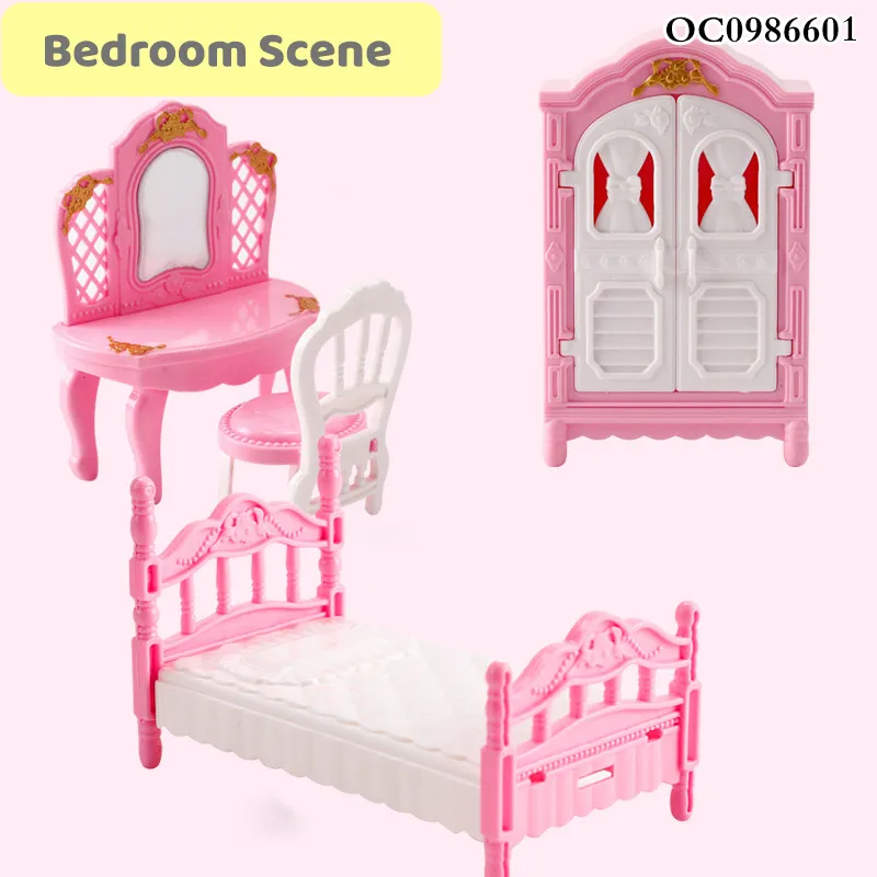 Wholesale Makeup Dressing Plastic Pink Baby Toy Bathroom Bedroom DIY Plastic Doll House Toys Set