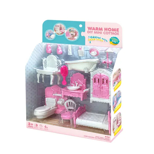 Wholesale Makeup Dressing Plastic Pink Baby Toy Bathroom Bedroom DIY Plastic Doll House Toys Set