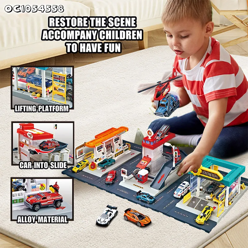 Boys Kids Gift Items Cartoon City Track Parking Lot Toy Gas Station Scenes Railway Racing Car Toys with 2PCS Alloy Car for Sale