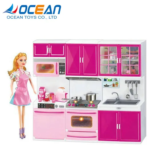 Wholesale Kids Pretend Kitchen Play Set Plastic Doll Furniture and Doll Cabinet Toy with Music and Light