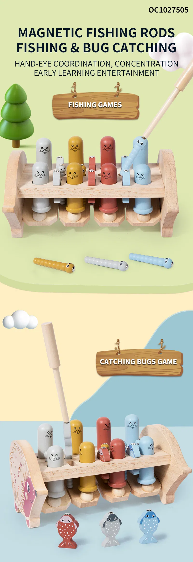 Wholesale 2in1 Wooden Montessori Educational Wooden Fishing Fish Game Board Toy