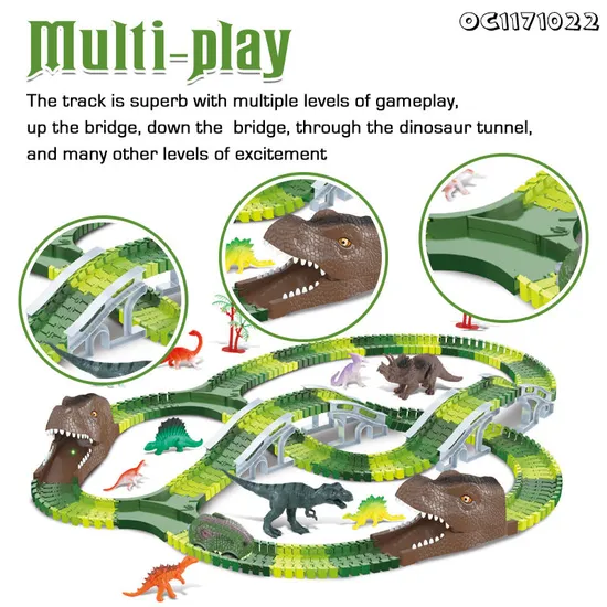 Dinosaur Theme Electric Toy Cars Train Set for Kids with 266PCS Assemble Flexible Multiple Tracks Games Toy with Liqht and Music