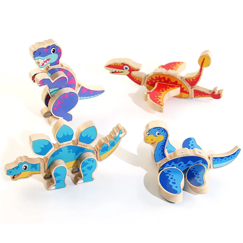 Wholesale Montessori 4PCS Cognitive Educational DIY 3D Dinosaur Wooden Block Toy for Kids