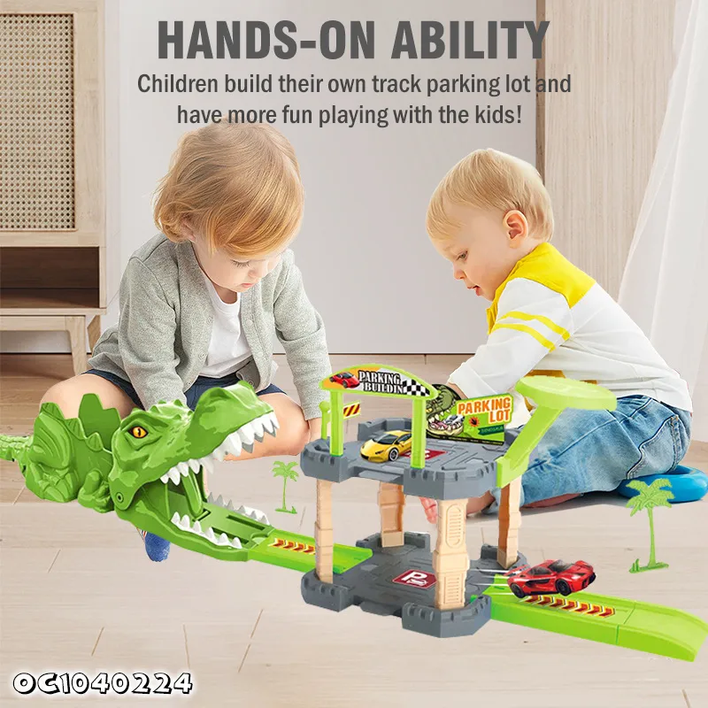 Jurassic Park Kids Ejection Board Game Small Catapult Toys Dinosaur Race Track Car Parking Lot Toy with Mini Alloy Model Car