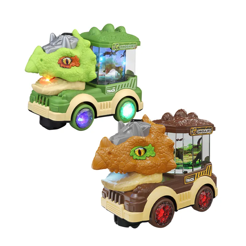 Universal Moving Mouth Water Mist Spray Dinosaur Friction Battery Powered Trucks Transport Car Carrier Toy with Light and Sound
