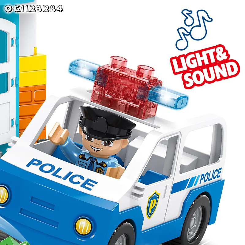 Wholesale Montessori Plastic Children Sensory DIY Police Car Gift Building Block Toy with Light