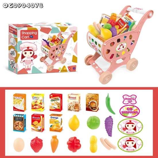 Interactive Plastic Toy Supermarket Trolley Kids Pretend and Play Preschool Toy Shopping Cart Toy with Simulation Plastic Fruit