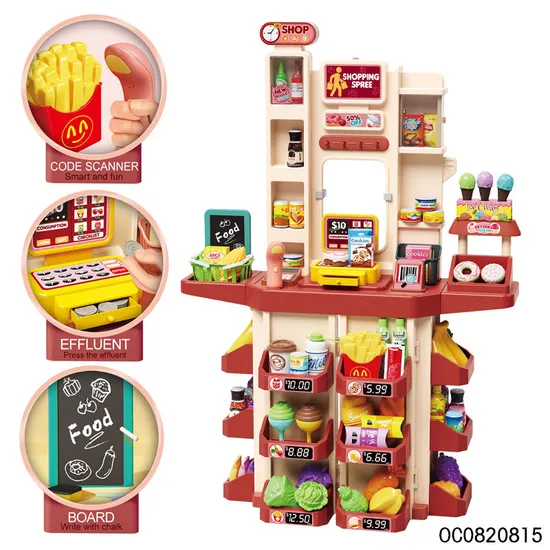 Children Pretend Play Preschool Model Home Big Supermarket Kids Cashier Game Register Toys with Goods Shelves