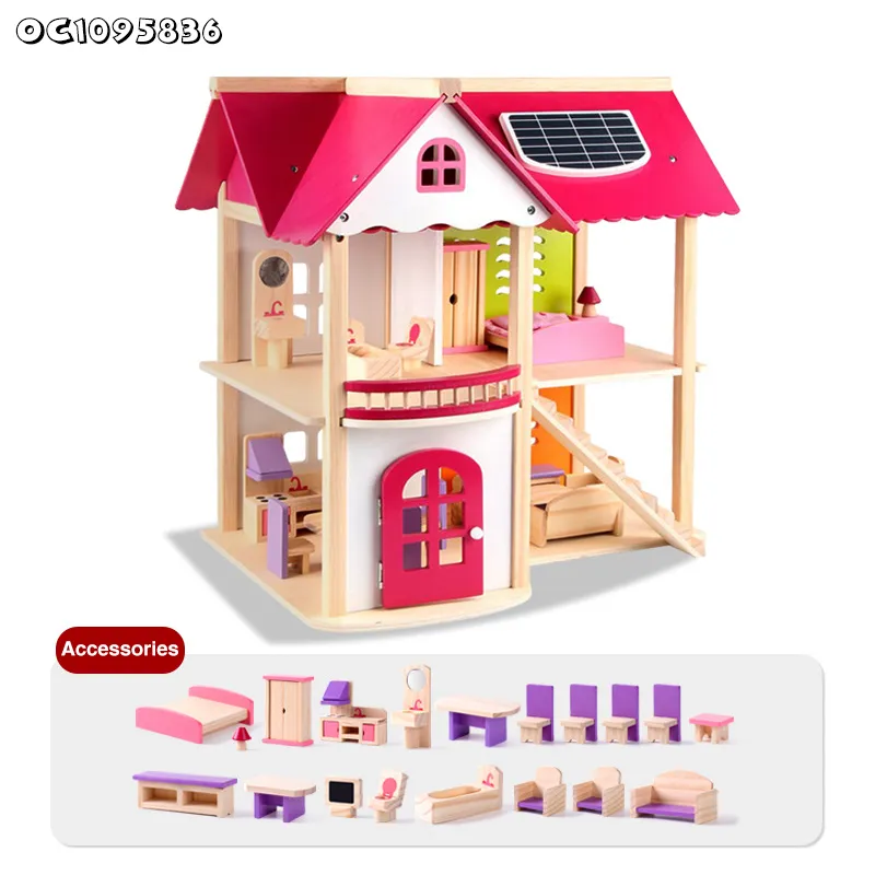Wholesale Montessori Miniature Wooden Furniture DIY Doll House Family Pretend Set Toy Dollhouse for Children