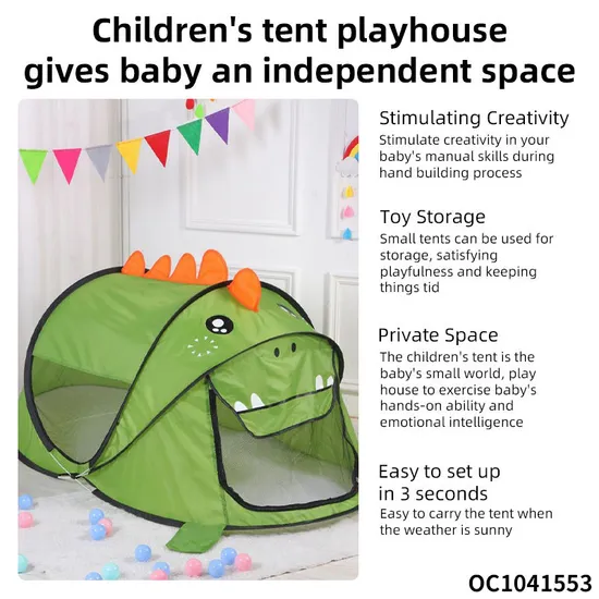 Wholesale Child Green Cartoon Dinosaur Design Kids Cute Pop up Play Foldable Children House Indoor Bedroom Toys Kids DIY Play Tent