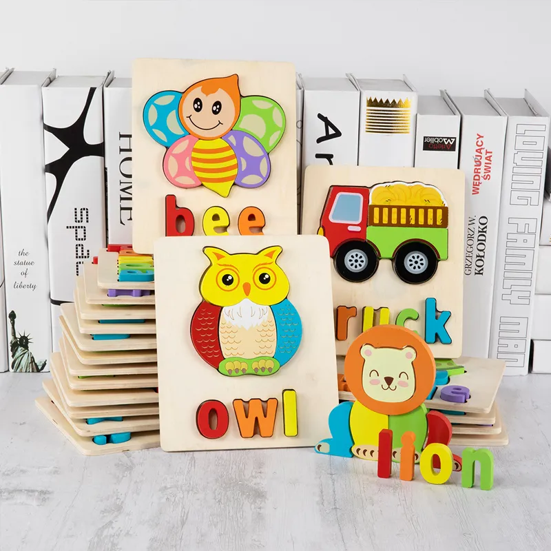 Customized Educational Toys English Puzzle Games Board Cards Wooden Jigsaw Puzzles Toy for Kids Early Ages