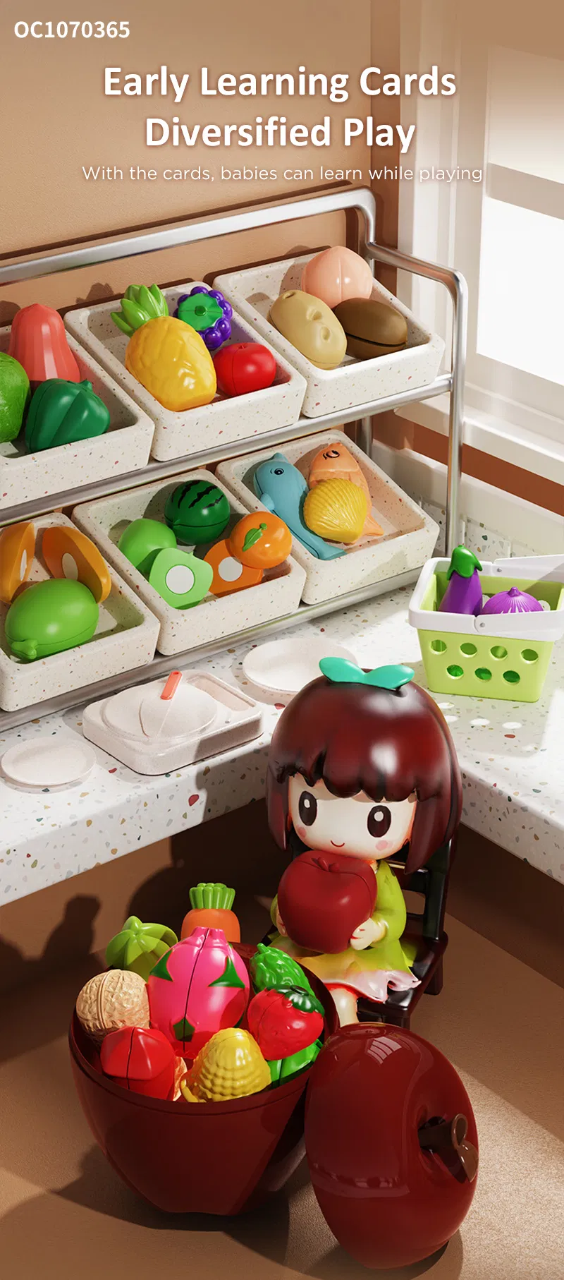 Color Sorting Set Funny Plastic Cutting Food kitchen Set for Kids Pretend Play Fruits and Vegetables Cut Educational Toys