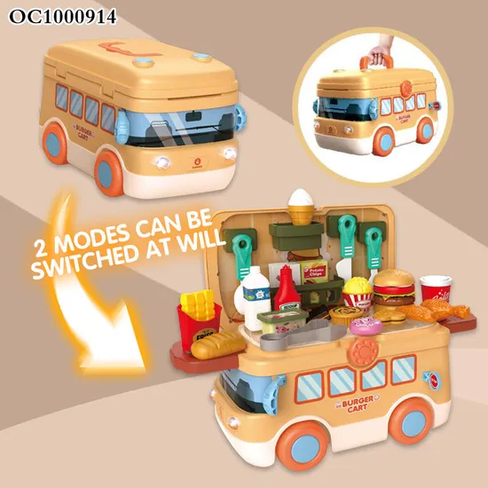 Cartoon Bus Multifunctional Plastic Mobile Kitchen Bus Play Pretend Preschool Fast Food Toys Kids
