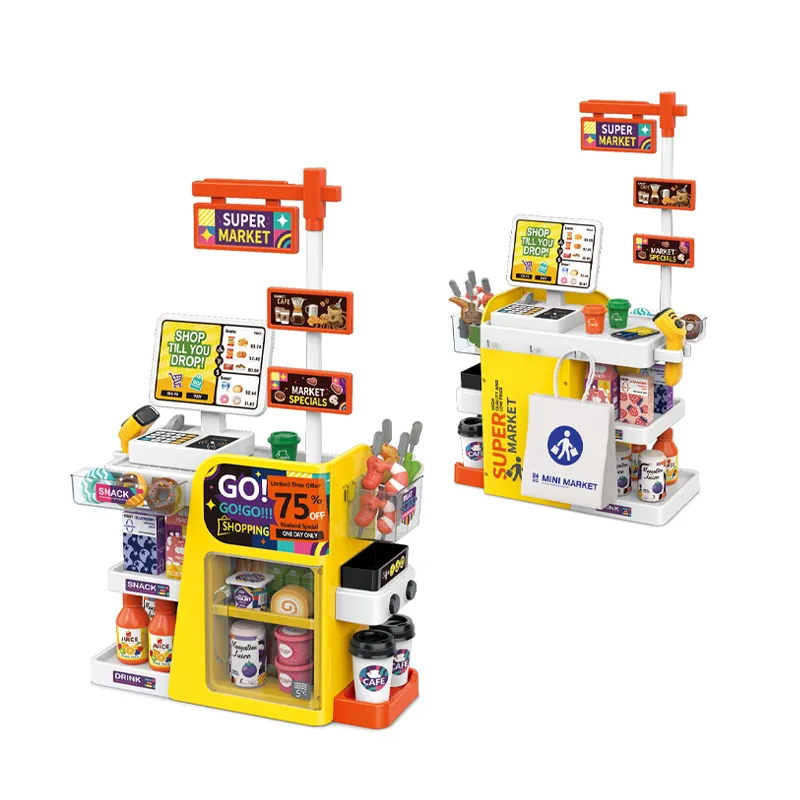 Kids Montessori Role Play Shop Accessories Toys for 4 Years Girl Kitchen Supermarket Cashier Checkout Counter Set Big with Food