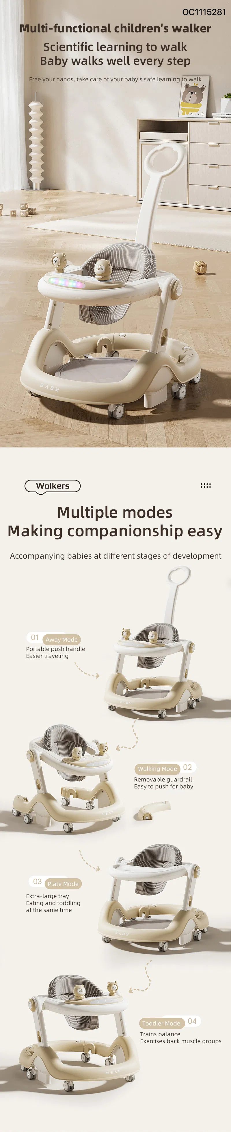 New Style Multifunction Luxury Round Bottom Real Baby Walker Sit to Stand Learning Walker Kids with Music Light and Push Rod Toys That Help Babies Learn to Walk