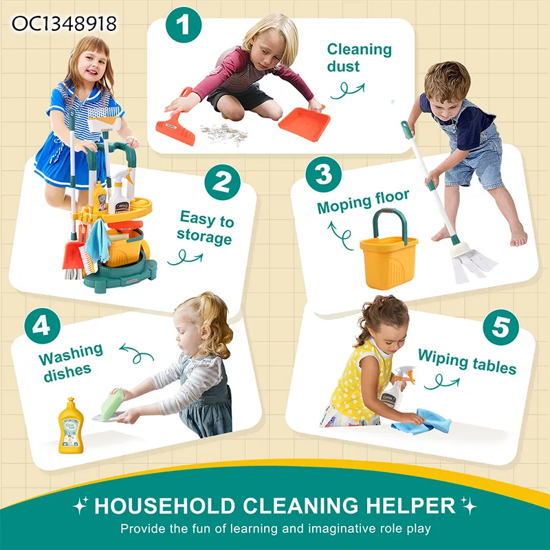 Wholesale Housekeeping Broom and Mop Cleaning Tools Pretend Play Home Cleaning Play Set Cleaning Cart Toy for Kids Home