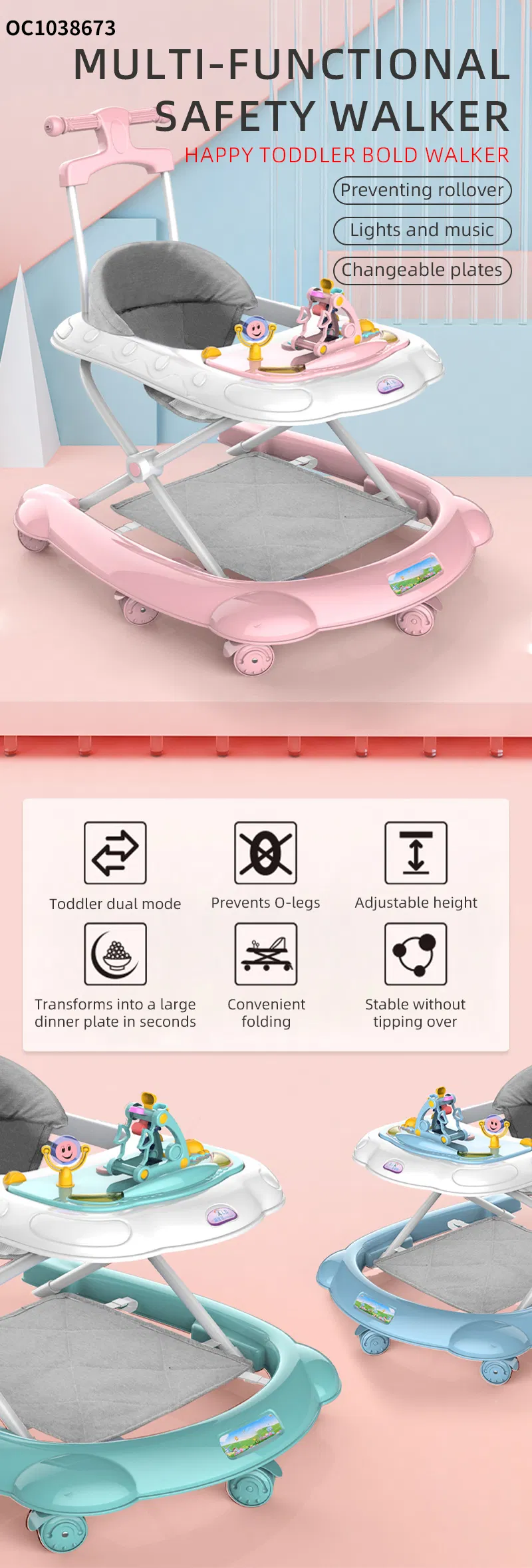 Professional Factory Price New Model Toddler Walk Learning Assistant Multifunctional Baby Walker with Foldable Plastic Wheels Sit-to-Stand and Activity Table