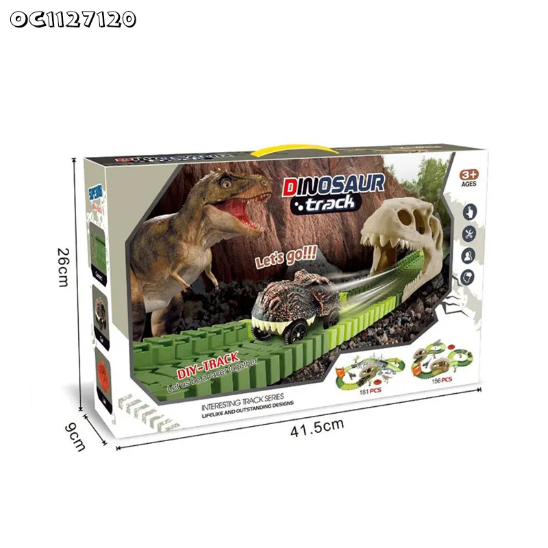 181PCS Dinosaur Theme Adventure Jigsaw Puzzle Track Cars DIY Assembling Rail Car Toys Slot Toys with Electric Dinosaur Car