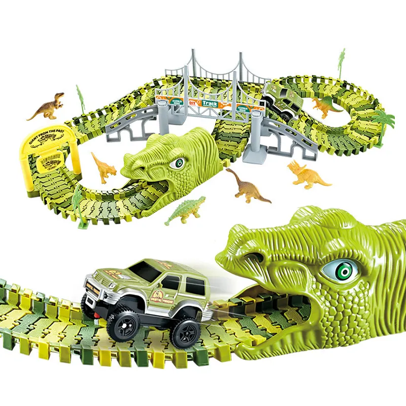 Electric Dinosaur Truck Car Play Set Toy DIY Flexible Race Assembly Puzzle Slide Track Fun Game Toy for Kids Boys with PVC Dinosaur