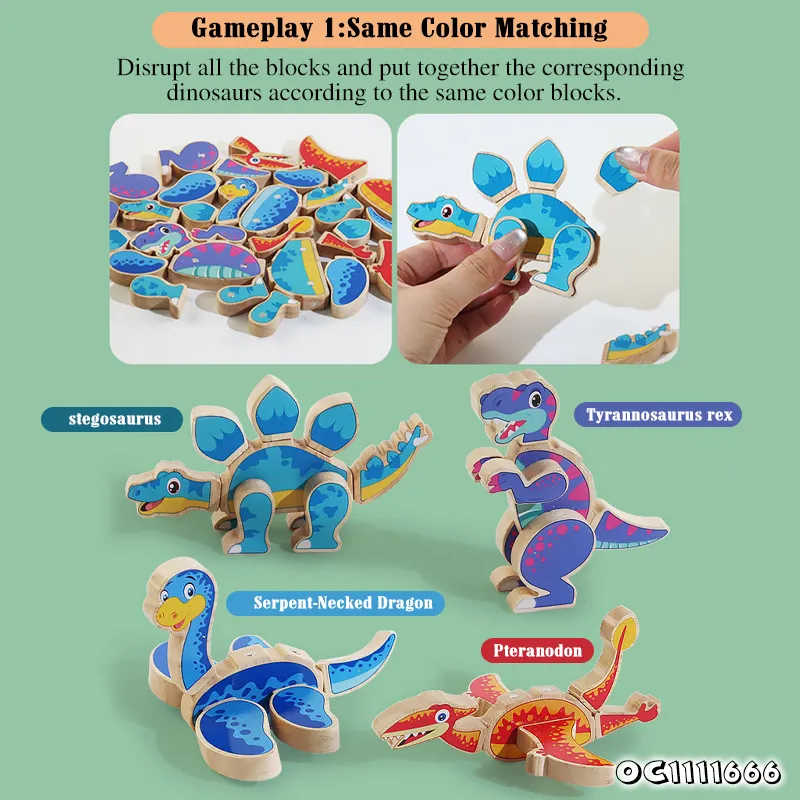 Wholesale Montessori 4PCS Cognitive Educational DIY 3D Dinosaur Wooden Block Toy for Kids