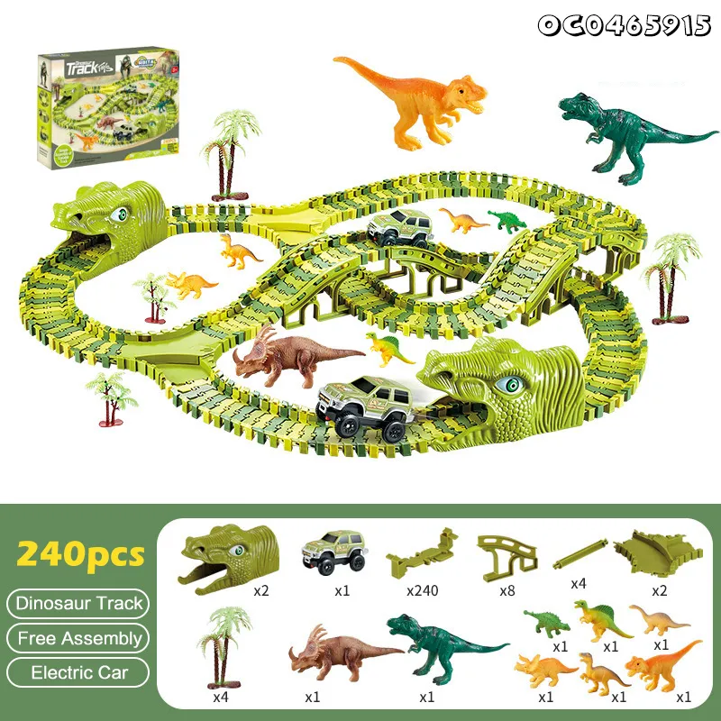 Gift Items Green Electric Dinosaur Truck Car Toy Race Multiple Track Assembly Game with PVC Dinosaur Model Toy for Boys