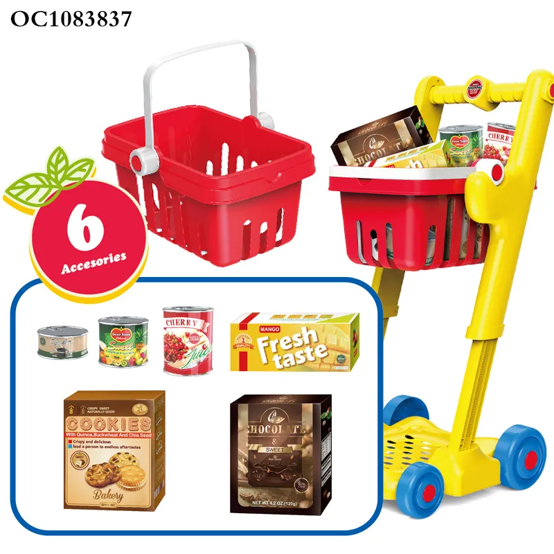 Eco Friendly Kids Plastic Home Supermarket Pretend Play Trolleys Toys Set Baby Foldable Shopping Cart with Wheels