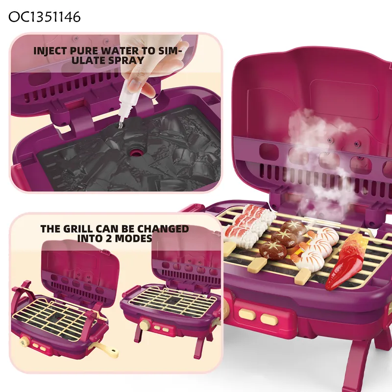 Wholesale Simulation Food Pretend Barbecue Kids Role Play Pink Children's Plastic Mini Kitchen Eaducational Set Toy with Spray