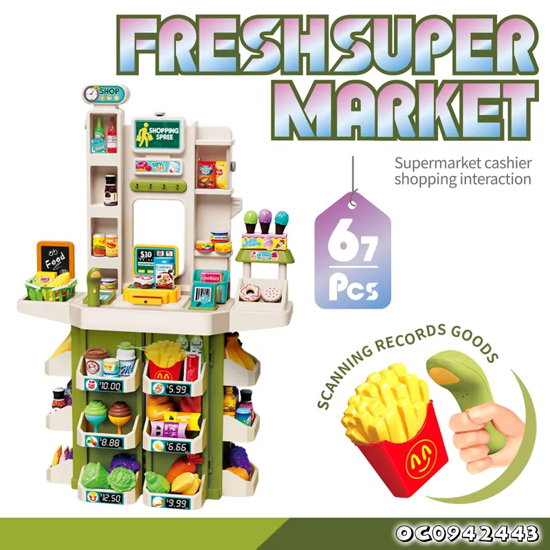 Kid Role Pretend Play Shop Counter Supermarket Toy Play Set Cash Register Scanner POS Machine Model Toy for Boy with Simulation Food