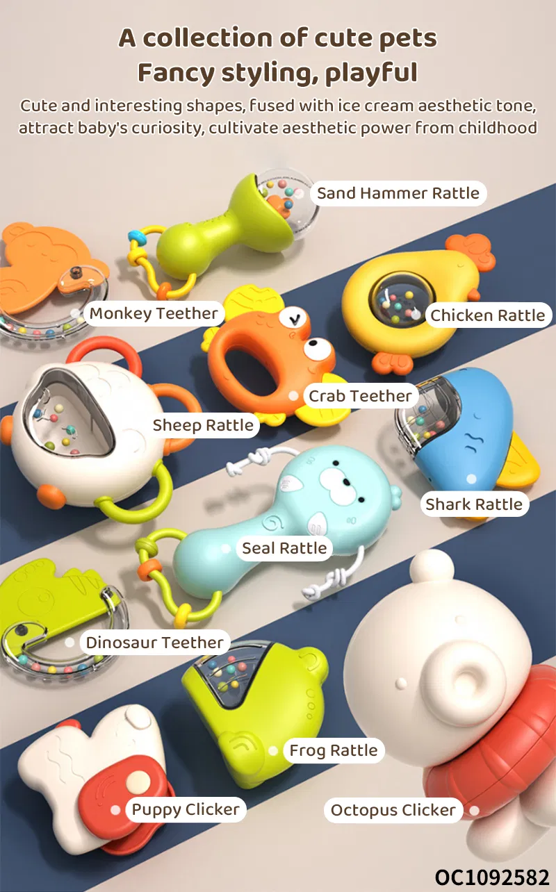 Wholesale Teether Lovely Animal Shape Hand Toys Baby Silicone Rattle Montessori Rattle Set Toy