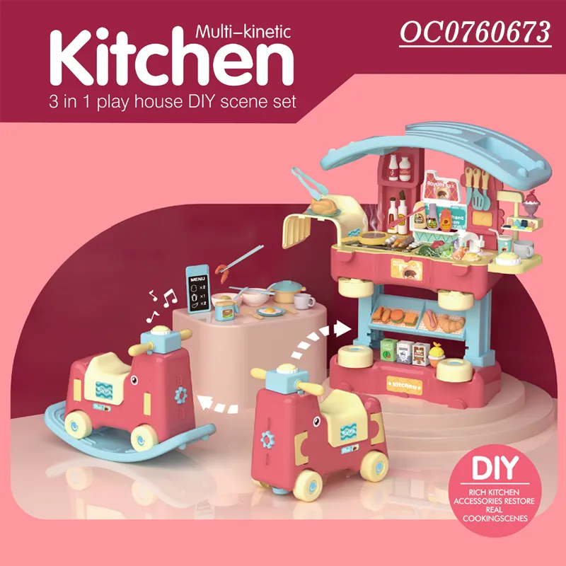 Wholesale 3in1 Rocking Horse Spray Plastic Children House Kitchen Cooking Food Toy Gift Set