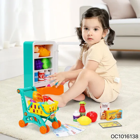 Simulation Food Plastic Toy Electric Mini Refrigerator Pretend City Play Houses with Supermarket Shopping Cart for Kids Children
