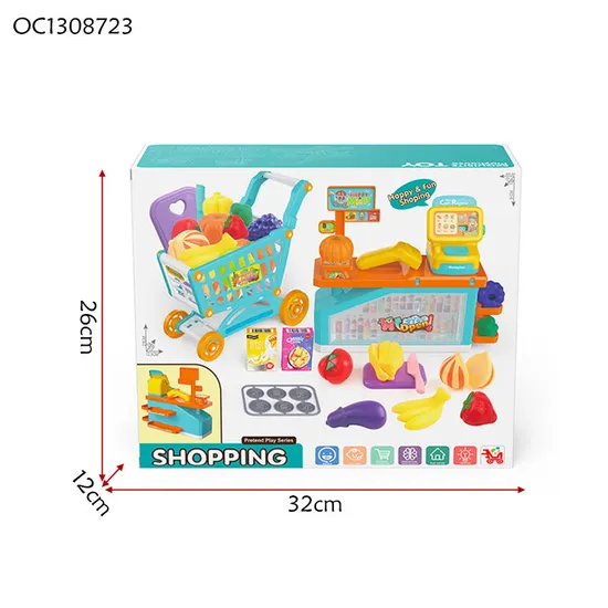 Good Quality Electronic Cash Register Supermarket Bill Counter Toy with Pretend Plastic Shopping Cart Fruit Vegetable Simulation