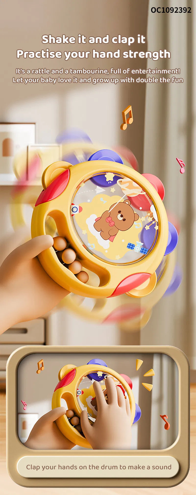 Hand Clap Toys Drum Musical Educational Percussion Sensory Baby Boy Toys Set 6-12 Months Items Hand Shake Rattle Drum Toy for Sale