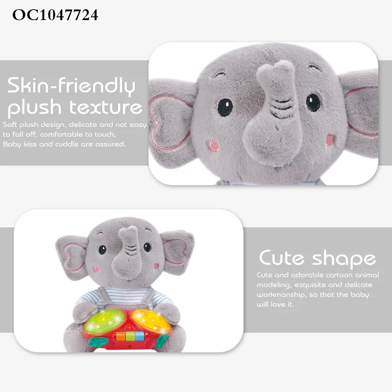 Wholesale Stuffed Battery Operated Hand Drum Musical Instrument Big Elephant Animal and Plush Toy Doll with Flashing Light